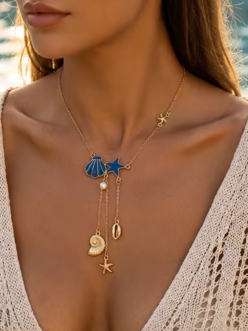 Gold and Blue Seashell Charm Necklace